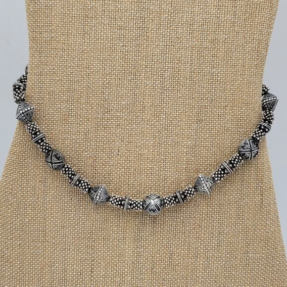 Vintage 925 Granulated Silver Bead Necklace 17" Heavy Gem Stone Toggle‎ Handmade - Picture 5 of 12